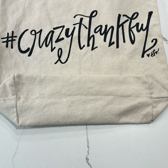 #CrazyThankful Cream Canvas Tote Bag Crazy Thankful Black Logo Medium Shoulder - Picture 3 of 9